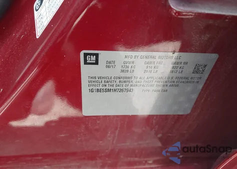 2017 Chevrolet Cruze Lt Auto z USA, uszkodzony, nr VIN 1G1BE5SM1H7267943